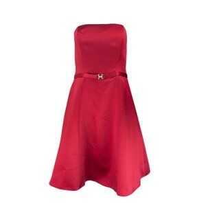 Red Satin Strapless Dress with Crystal Buckle